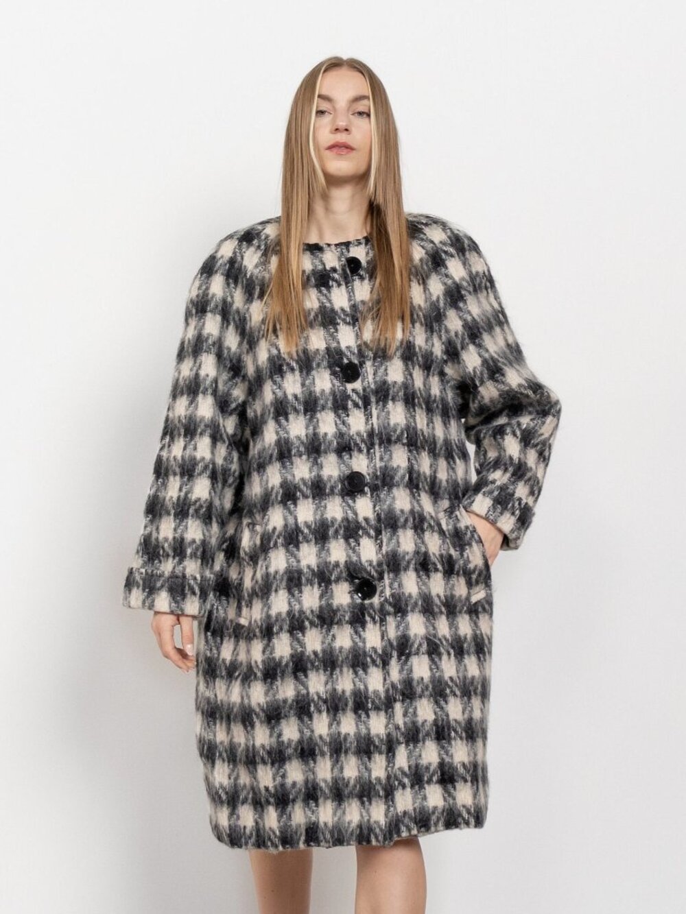 MOHAIR HOUNDSTOOTH COAT Vintage Black White Midi Trench Jacket Winter Woman 90's